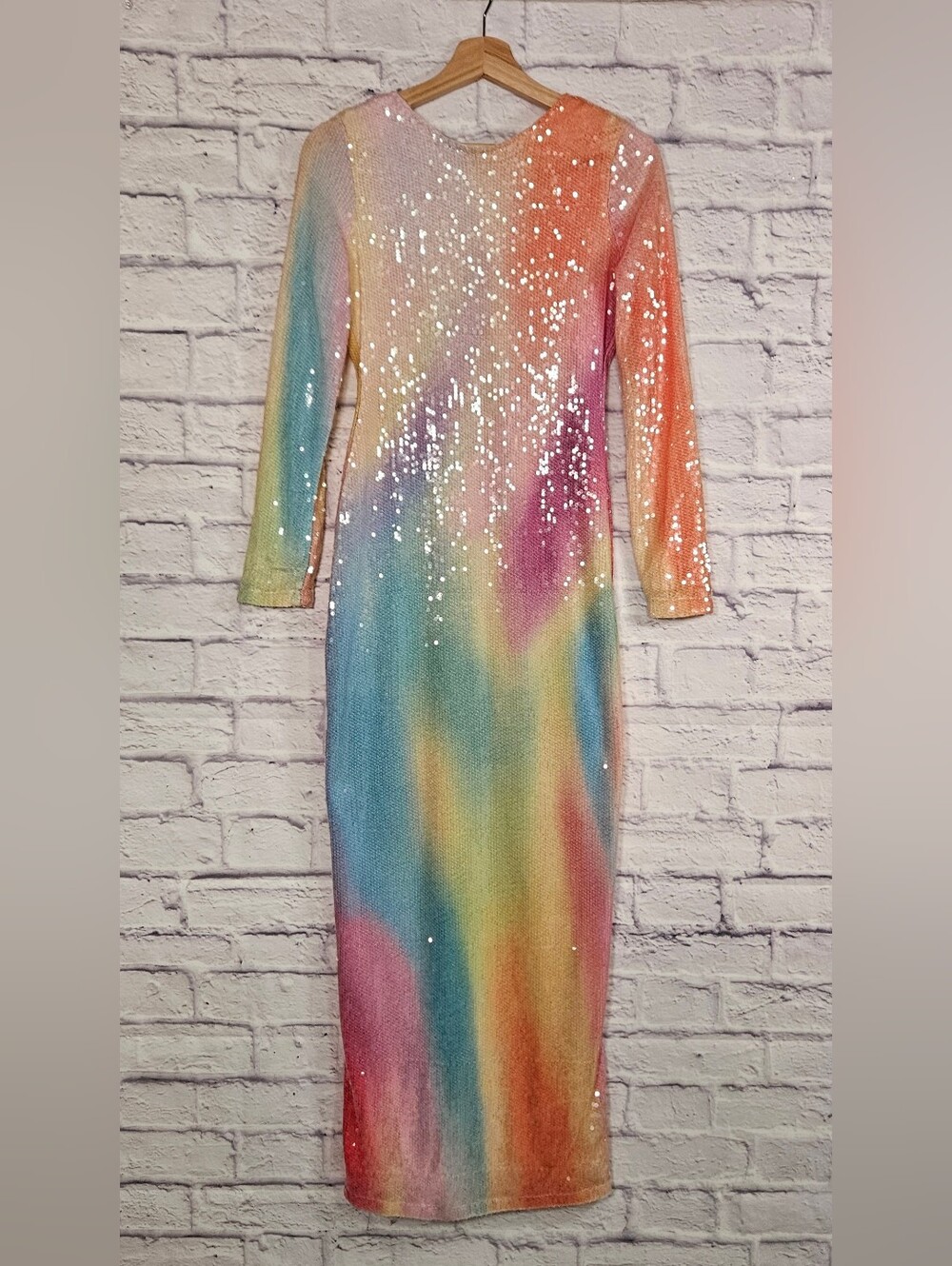 Fashion Nova Rainbow Sequin Maxi Dress Open Back Bodycon Glam Medium
